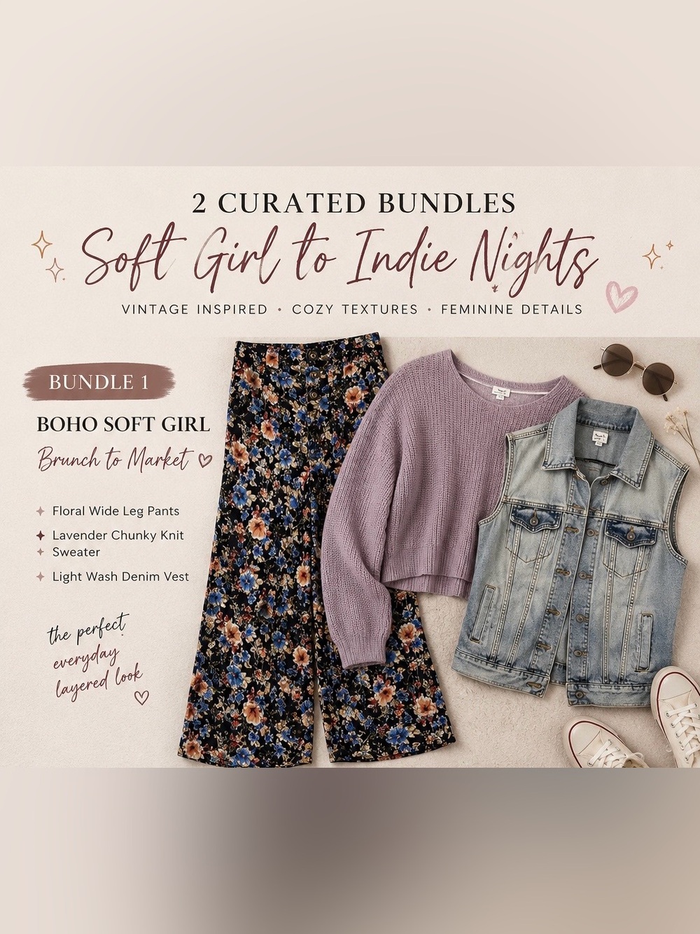 Boho Soft Girl Bundle | Floral Pants + Chunky Knit + Denim Vest Bundle